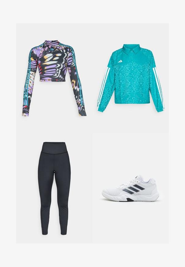 Tyrkysová bunda Adidas s květinovým vzorem, bílé třípruhé provedení na rukávech, zapínání na cvoky a límec na jednobarevném pozadí.; Dlouhý rukáv, zkrácený sportovní top s barevným vzorem motýlích křídel a tyrkysovými třemi pruhy na rukávech.; Černé sportovní legíny s vysokým pasem a plochými švy, navržené pro těsný střih a flexibilitu.; Bílé sportovní boty s vrškem ze síťoviny, třemi černými pruhy po stranách, texturovanými akcenty a odolnou gumovou podrážkou s kontrastní černou částí.