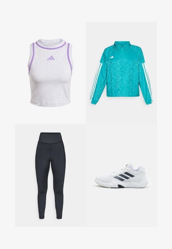 Turkusowa kurtka Adidas z kwiecistym wzorem, białym, trzypaskowym wzorem na rękawach, zapięciem na napy z przodu oraz kołnierzem na jednolitym tle.; adidas Sportswear - Top; Czarne legginsy sportowe z wysokim stanem i płaskimi szwami, zaprojektowane dla wygodnego dopasowania i elastyczności.; Białe buty sportowe z siateczkową cholewką, trzy czarne paski po boku, teksturowane akcenty i solidna gumowa podeszwa z kontrastującą czarną sekcją.