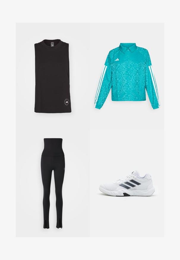 Teal Adidas jakke med blomsterprint, hvid tre-stripes design på ærmerne, trykknap foran og krave på ensfarvet baggrund.; Sort ærmeløs top lavet af blød bomuld, med en rund halsudskæring og et cirkulært logo i hvidt nederst til højre.; adidas by Stella McCartney Tights - black; Hvid atletisk sko med mesh-overdel, tre sorte striber på siden, strukturerede accenter og en robust gummisål med et kontrasterende sort område.