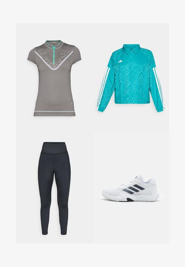 Akvamarino spalvos Adidas striukė su gėlėtu raštu, balta trijų juostų dizainu ant rankovių, užsegimu mygtukais priekyje ir apykakle ant vientiso fono.; Pilkas sportinis marškinėlius su trumpu apykakle, turkio spalvos užtrauktuku ir V formos dizainu. Šviesiai pilkos akcentai ir tekstūra suteikia vizualinį interesą.; Aukštai juosmens juodos sportinės leginsai su plokščiomis siūlėmis, sukurti patogiam prigludimui ir lankstumui.; Baltas sportinis batelis su tinklelio viršumi, trimis juodomis juostelėmis šone, tekstūruotais akcentais ir tvirtu guminio pado su kontrastinga juoda dalimi.
