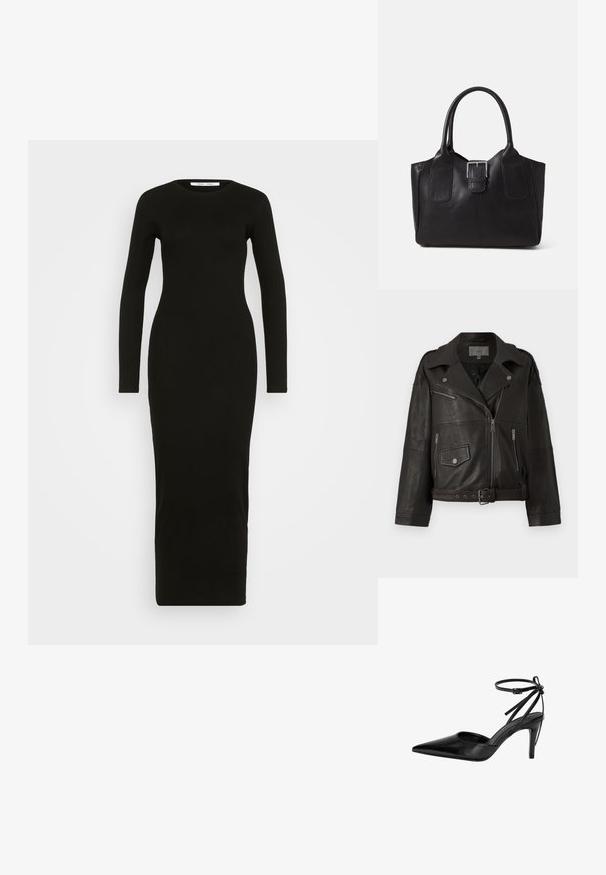 Jachetă de biker din piele neagră cu fermoare argintii, nasturi tip snap și buzunare laterale; prezintă o talie cu curea și un design cu guler larg.; Rochie neagră din jerse cu mâneci lungi, decolteu rotund, siluetă ajustată și design lungime până la glezne. Textură netedă, fără modele sau embellishments.; Pantof cu toc înalt, negru, cu vârf ascuțit, având un design cu decupaje și curea pentru gleznă ajustabilă. Pantoful are o suprafață netedă și strălucitoare, cu un toc subțire.; Geantă tote din piele neagră cu textură netedă, formă structurată, două mânere și un detaliu proeminent din aliaj de argint pe partea din față.