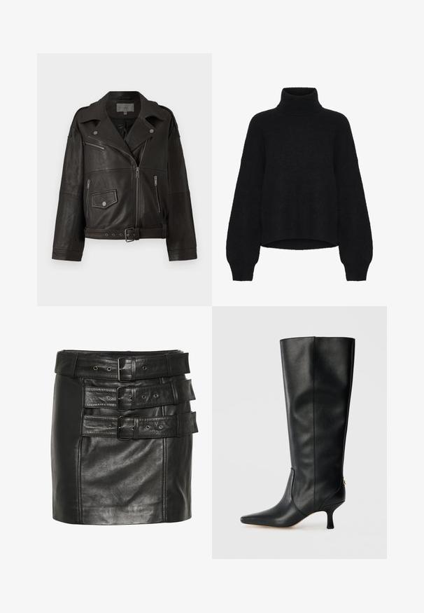 Fekete bőr motoros dzseki ezüst cipzárakkal, patentgombokkal és oldalsó zsebekkel; az övvel ellátott derék és a széles gallér dizájn jellemzi.; Fekete garbó pulóver, cropped kialakítással, bolyhos anyagból készült. Széles ujjak jellemzik, és bordázott textúra található a nyakkivágásnál.; Fekete bőr mini szoknya, széles övekkel, csatokkal és fém szegecsekkel. Sima textúra, struktúrált dizájn.; Fekete bőr térd fölé érő csizma hegyes orral, letisztult dizájnnal és 3-inch (kb. 7,5 cm) magasságú keskeny sarokkal. Az hátulján arany díszítéssel.