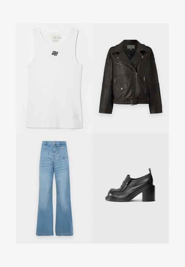 Schwarze Leder-Bikerjacke mit silbernen Reißverschlüssen, Druckknöpfen und Seitentaschen; verfügt über eine taillierte Taille und ein breites Kragen-Design.; Weißes, geripptes Tank-Top aus Baumwolle mit einem runden Halsausschnitt und einem schwarzen gestickten Logo auf der oberen linken Seite. Schlichtes Design, ärmellos.; Helleblaue Jeans aus Denim mit weitem Bein, ausgestattet mit zwei Fronttaschen und zwei Gesäßtaschen, abgeschlossen mit einem rohen Saum und Knopfverschluss.; Schwarze Lederheels mit runder Zehenpartie, auffälligem Riemen über dem Spann und einem klobigen Absatzdesign. Glatte Oberfläche mit minimaler Nahtverarbeitung.