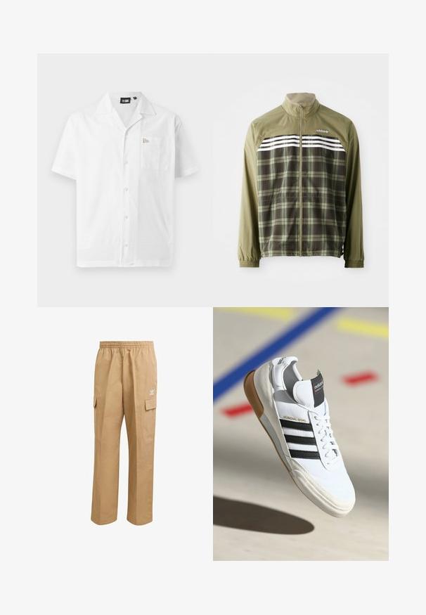 Groene geruite windbreaker met een ritssluiting aan de voorkant, elastische manchetten en witte strepen op de borst. Gemaakt van polyester, lichtgewicht ontwerp.; Witte korte mouwen shirt van gladde stof; heeft een puntige kraag, knoopsluiting en een linkerkant borstzak met logo detail.; Lichtbruine cargobroek met een elastische tailleband, twee zij cargo zakken en een klein wit logo op de bovenlinker dij. Gladde textuur.; Witte Adidas Mundial Goal sneakers met zwarte strepen en gumzool, midden in de lucht boven een sportvloer met gekleurde lijnen.