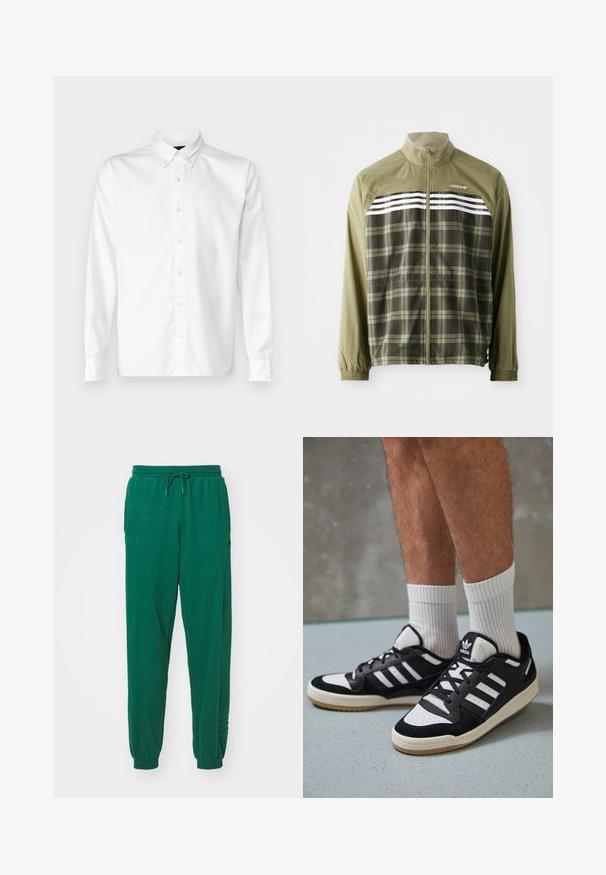 Grüner karierter Windbreaker mit Reißverschluss an der Vorderseite, elastischen Bündchen und weißen Streifen über der Brust. Polyesterstoff, leichtes Design.; Weißes Hemd mit Knöpfen aus glattem Stoff, ausgestattet mit einem klassischen Kragen, langen Ärmeln und einem geraden Saum. Minimalistisches Design ohne Muster.; Grüne Baumwoll-Jogginghosen mit einem Kordelzugbund, elastischen Bündchen und seitlichen Taschen. Der Stoff wirkt weich mit einer glatten Textur.; Schwarz-weiße Sneaker mit einem Obermaterial aus Wildleder und Leder, ausgestattet mit drei weißen Streifen, einer perforierten Zehenpartie und einer Sohle aus Gummi.