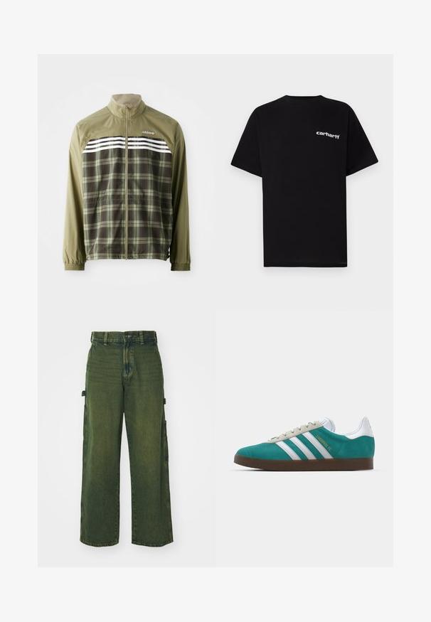 Zelená kostkovaná bunda s oboustranným zipem, elastickými manžetami a bílými pruhy přes hrudník. Polyesterový materiál, lehký design.; Černé bavlněné tričko s krátkými rukávy, kulatým výstřihem a bílým logem "Carhartt" na levé straně hrudi. Hladká texturu, jednoduchý design.; Zelené džínové cargo kalhoty s širokými nohavicemi, vybavené bočními kapsami, vybledlou texturou a klasickým zapínáním na knoflík a zip.; adidas Originals ADIDAS GAZELLE SHOES - Sálové kopačky - liverpool fc/sea green/footwear white