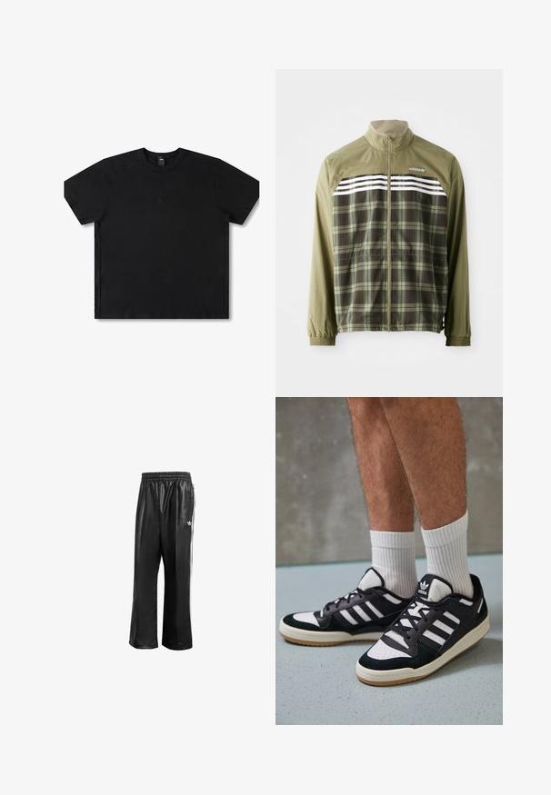 Žalios spalvos langelių vėjo kelnių striukė su užtrauktuku priekyje, elastiniais rankogaliais ir baltais dryžiais per krūtinę. Poliesterio medžiaga, lengvas dizainas.; Juodas trumpomis rankovėmis medvilninis marškinėliai su apvaliu kaklu, su subtiliu logotipu centre ir laisvu pritaikymo dizainu.; Juodos sintetinių medžiagų treniruočių kelnės su elastingu juosmeniu, su baltomis šoninėmis juostelėmis ir mažuoju baltu logotipu kairėje klubo pusėje.; Juodos ir baltos sportinės bateliai su zomšiniu ir odiniu viršumi, su trimis baltomis juostelėmis, perforuota koja ir guminėmis padais.