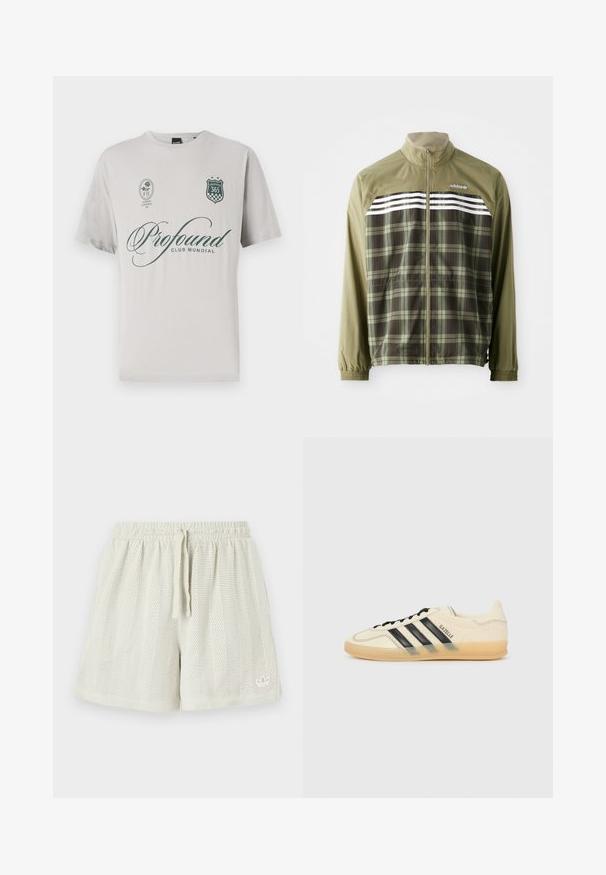 Giacca a vento a quadretti verdi con zip frontale, polsini elasticizzati e strisce bianche sul petto. Tessuto in poliestere, design leggero.; Maglietta in cotone grigio chiaro con maniche corte, caratterizzata dal testo "Profound" in verde scuro, un logo a scudo e toppe decorative.; Pantaloni corti in rete di colore chiaro con vita elastica e cordino. Presentano un piccolo logo nell'angolo in basso e un tessuto texturizzato.; Sneaker di colore crema chiaro con design a tre strisce nere, tomaia testurizzata, punta rotonda e suola in gomma. Presenta lacci e branding sul lato.