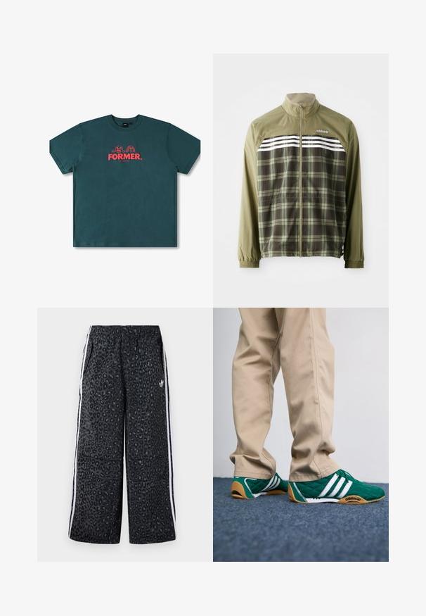 Zöld kockás széldzseki, cipzárral elöl, rugalmas mandzsettákkal és fehér csíkokkal a mellkason. Poliészter anyag, könnyű dizájn.; Türkiz pamut póló, rövid ujjakkal, kerek nyakkal, középen a "FORMER." felirattal és piros színű játékos karakterekkel.; adidas Originals GRAPHIC UNISEX - Tréningruha alsók - black; Zöld steppelt tornacipő fehér csíkokkal és barna gumitalppal, bézs nadrággal párosítva. A design alacsony profilú és texturált anyagú.