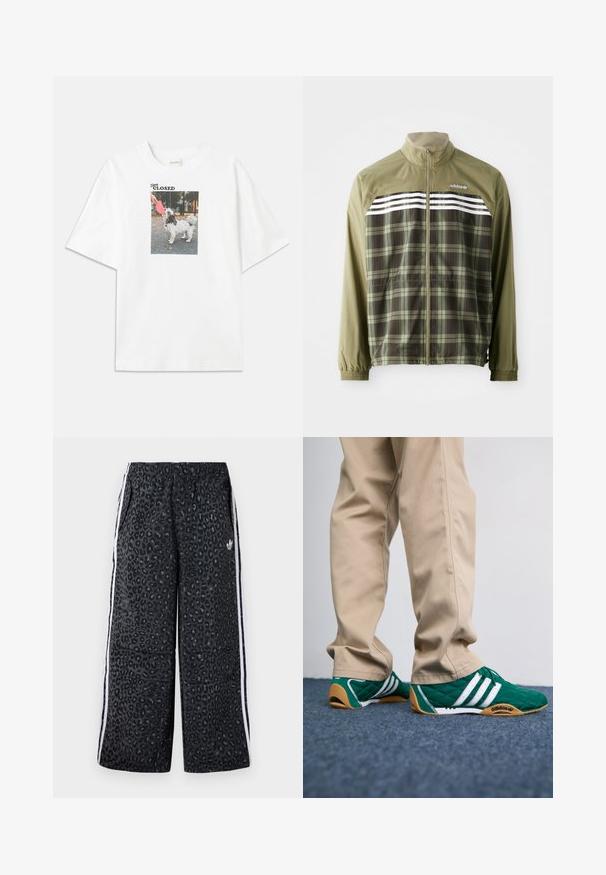 Casaco corta-vento em xadrez verde com fecho éclair à frente, punhos elásticos e riscas brancas no peito. Tecido de poliéster, design leve.; T-shirt de algodão branco com uma impressão fotográfica retangular de um cachorro com um frisbee rosa. O texto acima da imagem diz "Mantenha FECHADO."; adidas Originals GRAPHIC UNISEX - Calças de fato de treino - black; Ténis verde acolchoados com riscas brancas e solas de borracha castanha, combinados com calças beige. O design apresenta um perfil baixo e material texturizado.