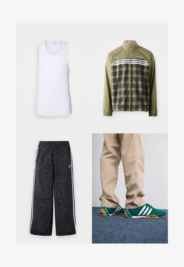 Zaļš raibs vēja mētelis ar rāvējslēdzēju priekšpusē, elastīgām piedurknēm un baltām svītrām krūšu daļā. Poliestera audums, viegla konstrukcija.; Balts bez piedurknēm topiņš, izgatavots no mīksta kokvilnas, ar apaļu kakla izgriezumu, taisnu apakšmalu un minimālu šuvju apdari.; adidas Originals GRAPHIC UNISEX - Treniņtērpa apakšdaļas - black; Zaļi uzšūti tenisi ar baltām svītrām un brūnām gumijas zolei, apvienoti ar bēšiem biksēm. Dizains izceļas ar zemu profilu un teksturētu materiālu.