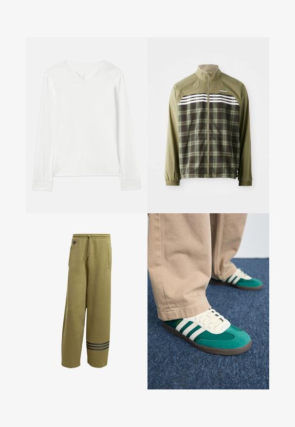 Grønternet vindjakke med lynlås foran, elastiske ærmer og hvide striber over brystet. Polyesterstof, letvægtsdesign.; Langærmet hvid top med V-udskæring, blød tekstur og sideslidser. Har et simpelt design uden pynt eller mønstre.; Olivenfarvede sweatpants lavet af blødt materiale, med to sidelommer og et sort tre-stribes design ved kanten. Snøre i taljen.; Grønne ruskindsneakers med hvide striber, strukturerede snørebånd og brun gummisål. Kombineret med beige bukser, mod en blå tæppebaggrund.