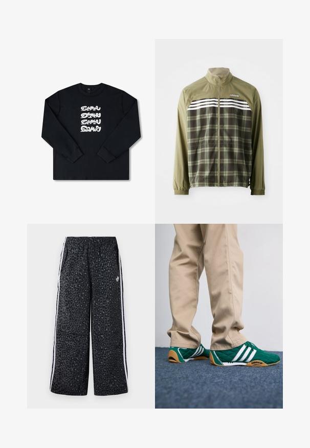 Žalios spalvos langelių vėjo kelnių striukė su užtrauktuku priekyje, elastiniais rankogaliais ir baltais dryžiais per krūtinę. Poliesterio medžiaga, lengvas dizainas.; Juodas ilgomis rankovėmis džemperis, featuring balto vėl grifikuota grafika stilizuotais rašmenimis ant priekio. Pagamintas iš minkštos medžiagos.; adidas Originals GRAPHIC UNISEX - Treningo apatinė dalis - black; Žalios siūtos sportbačiai su baltais dryžiais ir rudomis guminėmis padais, derinami su smėlio spalvos kelnėmis. Dizainas pasižymi žemu profiliu ir tekstūruota medžiaga.