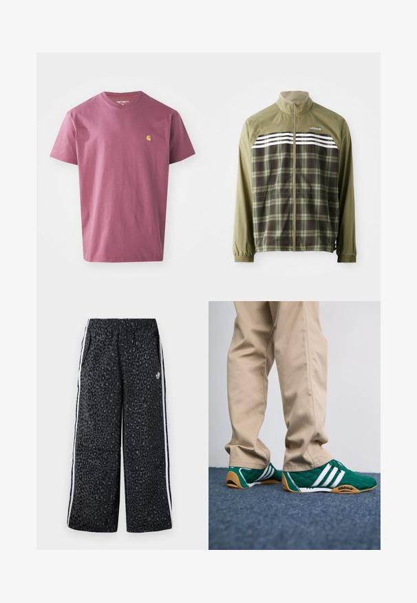 Casaco corta-vento em xadrez verde com fecho éclair à frente, punhos elásticos e riscas brancas no peito. Tecido de poliéster, design leve.; T-shirt de algodão roxa com decote redondo, mangas curtas e um pequeno logótipo amarelo no lado esquerdo do peito. Design simples, em cor sólida.; adidas Originals GRAPHIC UNISEX - Calças de fato de treino - black; Ténis verde acolchoados com riscas brancas e solas de borracha castanha, combinados com calças beige. O design apresenta um perfil baixo e material texturizado.
