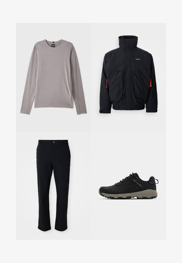 Schwarze wasserdichte Jacke mit hohem Kragen, zwei großen Fronttaschen und orangen Kordelzügen. Verfügt über ein weiches Innenfutter und elastische Bündchen.; Graues Langarmshirt mit rundem Halsausschnitt, seitlichen Schlitzen und glattem, elastischem Stoff. Minimalistisches Design ohne Muster oder Verzierungen.; Schwarze Hose mit Knopfverschluss, geradem Bein, glatter Textur und seitlichen Taschen, geeignet für verschiedene Anlässe.; Schwarze Wanderschuhe mit glattem Obermaterial, perforiertem Design, grauer Laufsohle und verstärktem Fersenbereich. Mit Schnürsenkeln und einer Schlaufe für einfaches Anziehen.