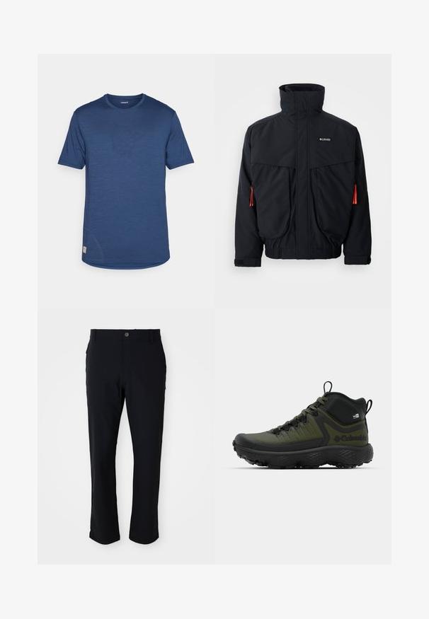 Čierna nepremokavá bunda s vysokým golierom, dvoma veľkými prednými vreckami a oranžovými sťahovacími prvkami. Má mäkkú vnútornú podšívku a elastické manžety.; Krátkopestré modré výkonnostné tričko s hladkým povrchom, okrúhlym výstrihom a jemným logom na prednej ľavej strane.; Čierne nohavice s gombíkovým zapínaním, rovného strihu, hladkej textúry a bočnými vreckami, vhodné na rôzne príležitosti.; Columbia ESCAPE THRIVE TITANIUM MID - Turistické topánky - nori/black