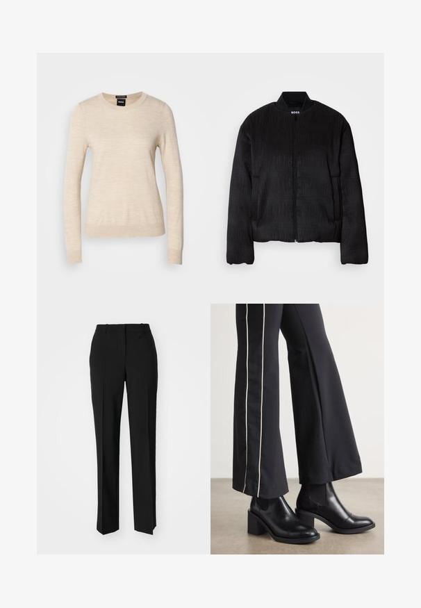 Casaco bomber preto com um design texturizado, fecho de zíper, gola canelada e punhos elásticos. Apresenta um corte regular e tecido suave.; BOSS FERPINA - Camisola - light beige; Calças pretas de corte ajustado com um design de perna reta, apresentando uma textura lisa e pregas bem definidas na frente. Sem hardware visível.; Botas de tornozelo em couro preto com um salto bloco, apresentando painéis laterais elásticos. Combinadas com calças pretas que têm uma faixa lateral branca.