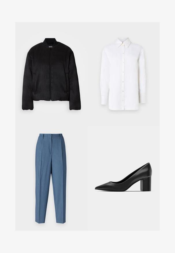 Black bomber jacket with a textured design, zip closure, ribbed collar, and elastic cuffs. Features a regular fit and smooth fabric.; White linen button-up shirt with a pointed collar, long sleeves, and button closures. Features a relaxed fit and smooth texture.; Bruuns Bazaar CINDYSUS DAGNY - Trousers - indian teal; Black leather pump with a pointed toe and a chunky square heel. Smooth texture, simple design, suitable for formal settings.