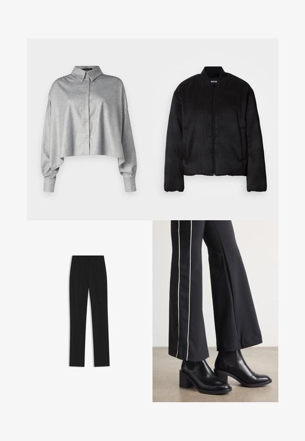 Black bomber jacket with a textured design, zip closure, ribbed collar, and elastic cuffs. Features a regular fit and smooth fabric.; Cropped gray button-up shirt with a collared neck, long sleeves, and a relaxed fit. Smooth fabric with subtle texture and rounded hem.; Black tailored trousers with a straight-leg design, featuring front pockets and a smooth, textured fabric. Neat, minimal detailing.; Black leather ankle boots with a block heel, featuring elastic side panels. Paired with black pants that have a white side stripe.