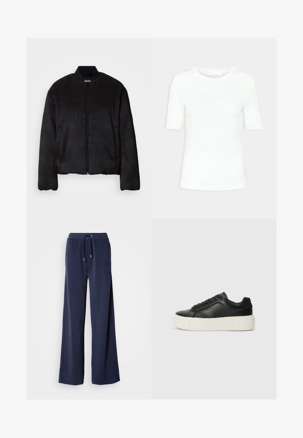 Schwarze Bomberjacke mit strukturiertem Design, Reißverschluss, geripptem Kragen und elastischen Bündchen. Sie hat eine normale Passform und einen glatten Stoff.; Weißes Kurzarm-T-Shirt aus weicher Baumwolle. Hat einen runden Halsausschnitt und eine figurbetonte Silhouette ohne Muster oder sichtbare Beschläge.; Marineblaue Weitbeine-Hosen aus weichem Stoff mit einem elastischen Bund und einer Schnürung sowie einem Logodetail am linken vorderen Bein.; Schwarze Leder-Sneaker mit abgerundeter Zehenpartie, weißer Plattformsohle und schwarzen Schnürsenkeln. Verfügt über ein dezentes Logo an der Ferse und eine glatte Textur.