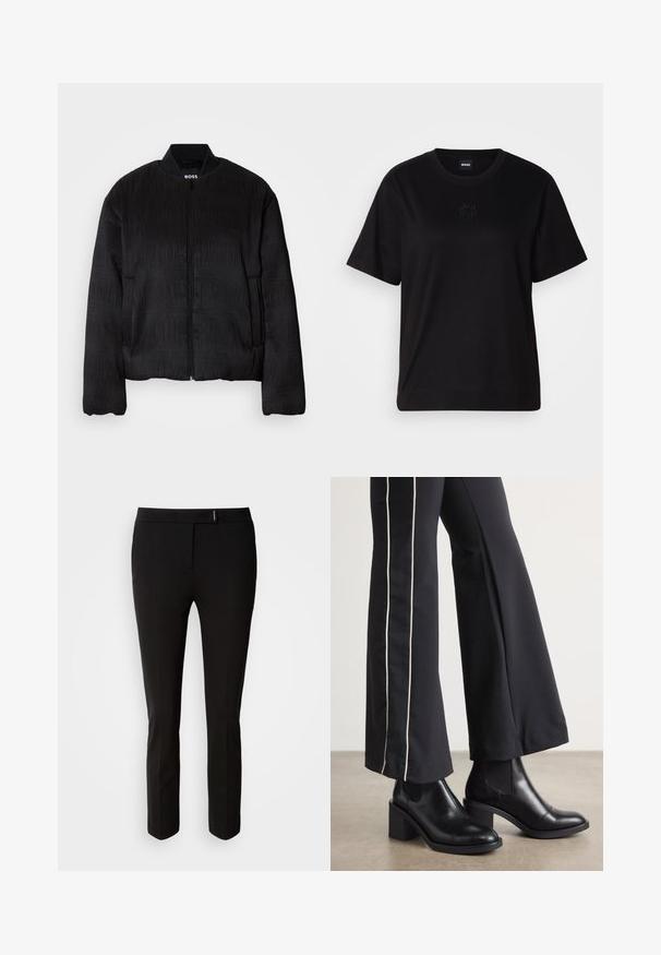 Casaco bomber preto com um design texturizado, fecho de zíper, gola canelada e punhos elásticos. Apresenta um corte regular e tecido suave.; T-shirt de algodão preto com decote redondo, mangas curtas e um logótipo bordado no peito. Corte simples e descontraído, sem padrões.; Calças pretas ajustadas com um corte slim, apresentando uma textura suave, bolsos frontais, passadores para cinto e um detalhe discreto na cintura.; Botas de tornozelo em couro preto com um salto bloco, apresentando painéis laterais elásticos. Combinadas com calças pretas que têm uma faixa lateral branca.