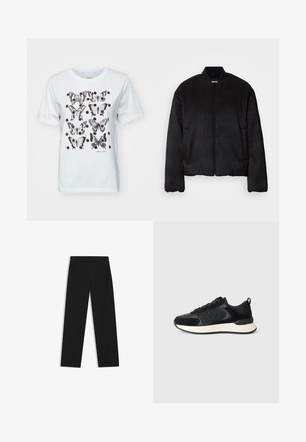 Schwarze Bomberjacke mit strukturiertem Design, Reißverschluss, geripptem Kragen und elastischen Bündchen. Sie hat eine normale Passform und einen glatten Stoff.; Weißes Baumwoll-T-Shirt mit einem Druck von schwarzen und bunten Schmetterlingen sowie kreisförmigen Akzenten. Kurzärmeliges Design mit Rundhalsausschnitt.; Schwarze weite Hose aus glattem Stoff, mit seitlichen Taschen und einem flachen Frontbund für einen schlanken Look.; Schwarzer Sportschuh mit einem Obermaterial aus glattem Leder, Wildlederakzenten, runder Zehenpartie und einer kontrastierenden weißen Zwischensohle. Verfügt über eine Schnürung und Logo-Details.