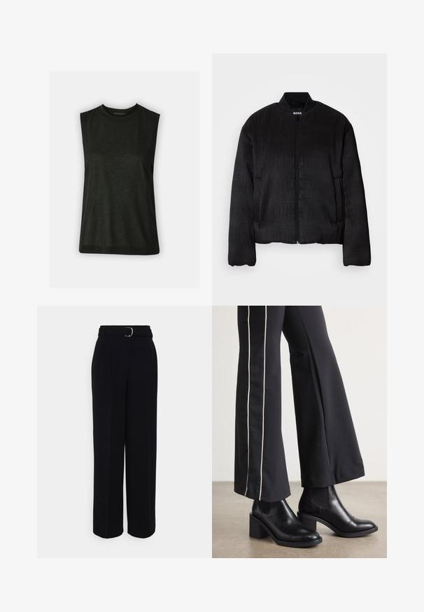 Black bomber jacket with a textured design, zip closure, ribbed collar, and elastic cuffs. Features a regular fit and smooth fabric.; Black, sleeveless top made of soft fabric with a rounded neckline and a relaxed fit. Simple design with no visible patterns or hardware.; Black tailored pants with a wide-leg silhouette, featuring a belt with a silver buckle, pleats, and a smooth fabric texture.; Black leather ankle boots with a block heel, featuring elastic side panels. Paired with black pants that have a white side stripe.