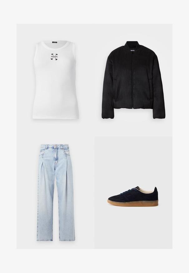 Black bomber jacket with a textured design, zip closure, ribbed collar, and elastic cuffs. Features a regular fit and smooth fabric.; White tank top with a ribbed texture, round neckline, and black embroidered logo at the center, featuring butterfly accents.; Light blue denim jeans with a high waist, wide-leg cut, two side pockets, and pleated design feature. Soft texture with a faded finish.; Navy suede sneaker with a gum rubber sole, blue laces, and minimalist design. Features embossed logo on the side and smooth inner lining.