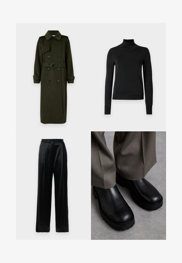 Olivengrøn trenchcoat med dobbeltradet design, stor krave, bælte i taljen og knapdetaljer; har lange ærmer og en lige silhuet.; Sort langærmet turtleneck sweater med ribbede manchetter og kant, vist på en simpel hvid baggrund.; Sorte satinbukser med høj talje, lige brede ben, bæltestropper og flad lukning på en ensfarvet hvid baggrund.; Sorte læder ankelstøvler med en kraftig gummisål, glat overflade, rund tå og minimal detaljer. Sammen med lysegrå bukser.