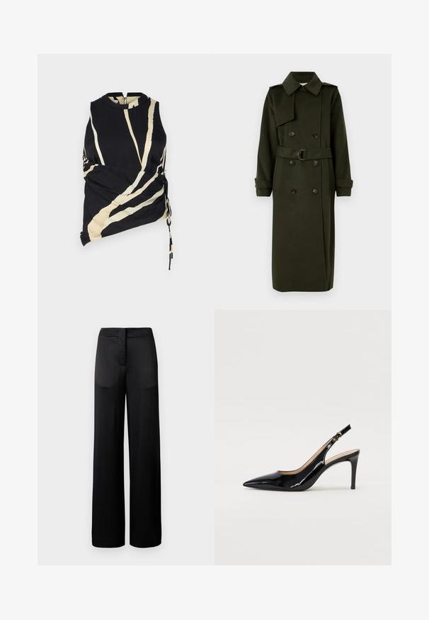 Olivzaļš tranšejas mētelis ar dubultu pogu aizdari, lielu apkakli, jostu viduklī un pogu akcentiem; ar garām piedurknēm un taisnu siluetu.; Melna bezpiedurkņu topa ar krēmīgu diagonālu svītru. Ievērojama sānu rušināšana un augsts kakla izgriezums. Viegls audums ar gludu tekstūru.; Platas kājas melnas bikses ar teksturētu virsmu, ar plakanu jostu un divām sānu kabatām. Audums izskatās viegls un plūstošs.; Melnas lakotās ādas slingback kurpes ar izteiktu degunu, šauru papēdi un smalku izgriezumu dizainu. Siksniņai ir zelta sprādze.