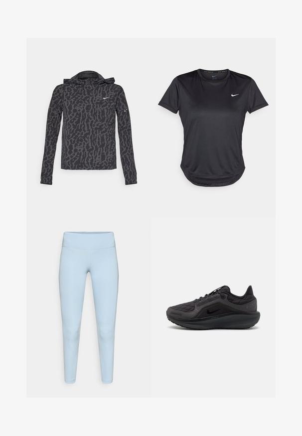 Giacca Nike con stampa leopardata nera e grigia, tessuto leggero, zip frontale, cappuccio e maniche lunghe con sottili accenti di branding.; Maglietta sportiva nera a maniche corte realizzata in tessuto liscio e traspirante. Presenta un colletto arrotondato e un piccolo logo Nike bianco sul petto.; Leggings azzurri chiari realizzati in tessuto elastico, con una vita liscia e un design aderente senza cuciture visibili.; Scarpa sportiva nera con tomaia trapuntata, accenti testurizzati e suola ammortizzata. Presenta unlogo Nike prominente e suola resistente.