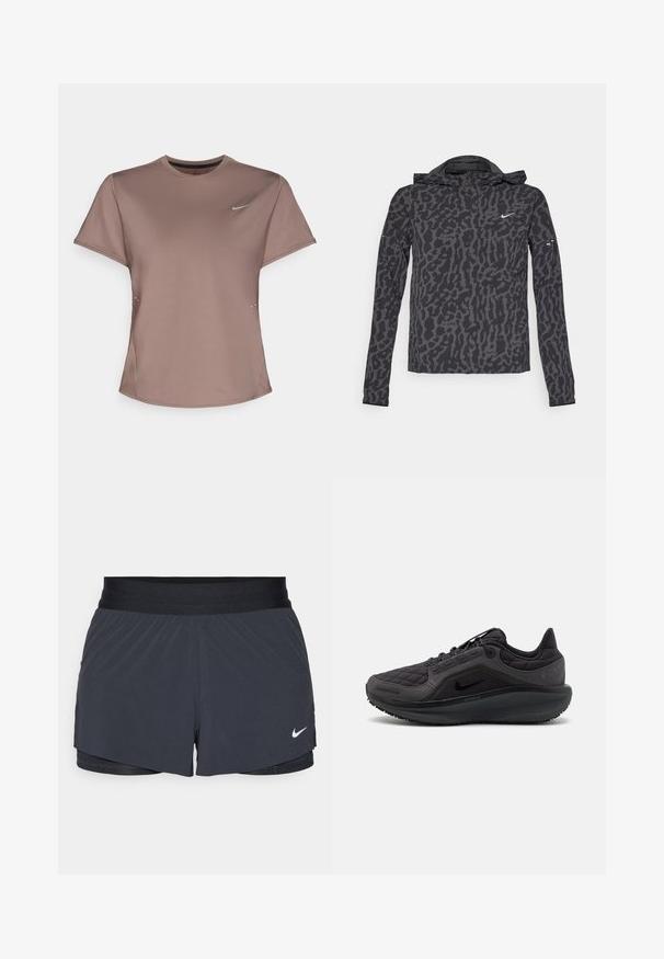 Nike jakna z črno in sivo leopardjim vzorcem, iz lahkega materiala, z zadrgo spredaj, kapuco in dolgimi rokavi, ki vsebujejo subtilne blagovne oznake.; Rjava športna majica z okroglim izrezom, kratkimi rokavi in subtilnimi stranskimi razporki. Ima majhen odsevni Nike logo na prsih.; Črne atletske kratke hlače z elastičnim pasom, ki imajo plastičen dizajn in majhen bel Nike logotip na spodnji levi strani. Lahkoten material.; Črne športne čevlje s prešitim zgornjim delom, teksturiranimi dodatki in oblazinjenim podplatom. Imajo izstopajoč Nike logo in trpežno zunanje podplate.