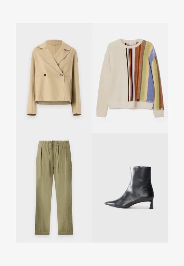 Casaco cropped bege feito de tecido macio, com gola caída, fecho de botão duplo e dois bolsos frontais.; Sweater de malha em creme com riscas verticais multicoloridas em azul, verde, castanho e vermelho. Apresenta um decote redondo e punhos canelados.; Calças de verde-azeitona claras feitas de algodão, com um cós elástico ajustável, pregas e um design de perna reta. Textura suave com mínimos detalhes.; Bota de tornozelo em pele preta com biqueira apontada e um design elegante. Apresenta um salto baixo e um fecho com zipper na parte de trás. Textura suave.