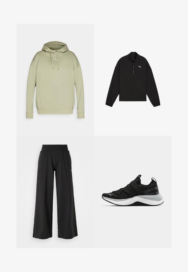 Svart kvartdragningspullover i lättviktsmaterial, med långa ärmar, elastiska muddar och en vit Puma-logga på bröstet.; Puma hoodie i ljusgrön, med en känguruficka, dragkedja i huvan och ribbade ärmslut. Tillverkad av en mjuk bomullsmix.; Svarta vida byxor i texturerad tyg, med elastisk midja och PUMA-logotyp. Enkelt design med avslappnad passform.; Svart sportskor med en texturerad ovandel, elastiska remmar och en tjock vit mellansula. Har en grå accent längs sulan.