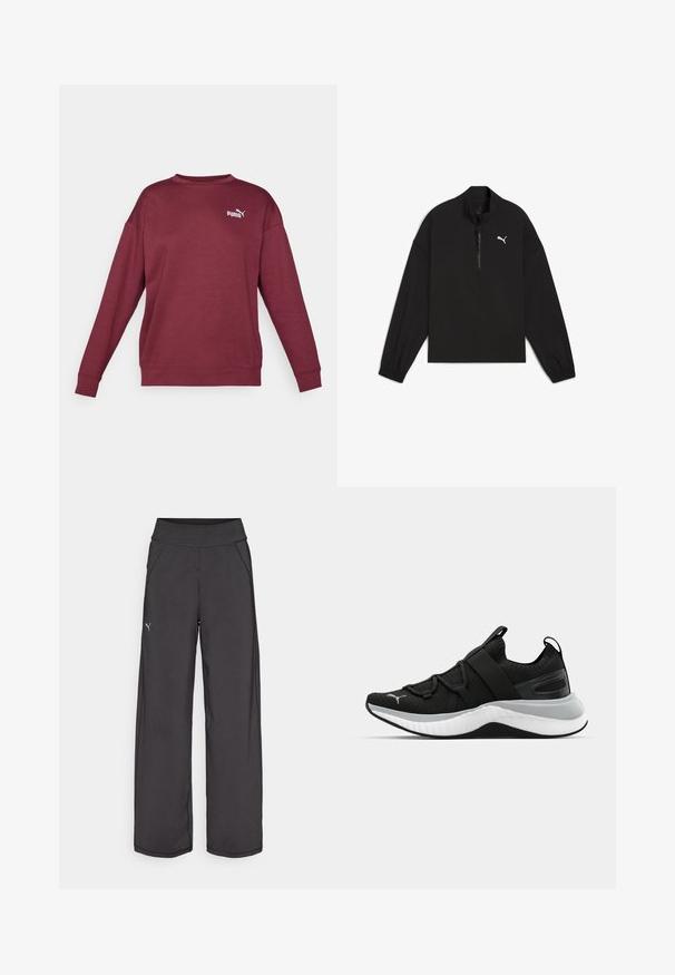 Black quarter-zip pullover made of lightweight fabric, featuring long sleeves, elastic cuffs, and a white Puma logo on the chest.; Maroon sweatshirt with long sleeves, crew neckline, and ribbed cuffs. Features a white logo on the chest. Made from soft, textured fabric.; Black athletic pants with a wide waistband, side pockets, and flat seams. Features a small logo on the left leg. Made from smooth, stretchy fabric.; Black athletic shoe with a textured upper, elastic straps, and a thick white midsole. Features a grey accent along the sole.