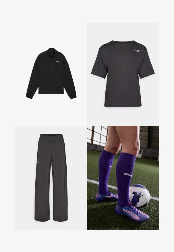 Pulover negru cu fermoar la gât, realizat dintr-un material ușor, având mâneci lungi, manșete elastice și un logo alb Puma pe piept.; Tricou negru cu mânecă scurtă, dintr-un material moale, având un decolteu rotund și un detaliu mic cu logo pe partea stângă sus.; Pantaloni atletici negri cu un talie lată, buzunare laterale și cusături plate. Prezintă un mic logo pe piciorul stâng. Realizați dintr-un material neted și elastic.; Șosete de fotbal purpurii și ghete colorate cu un design în gradient stau lângă o minge de fotbal albă și albastră, cu un logo negru.