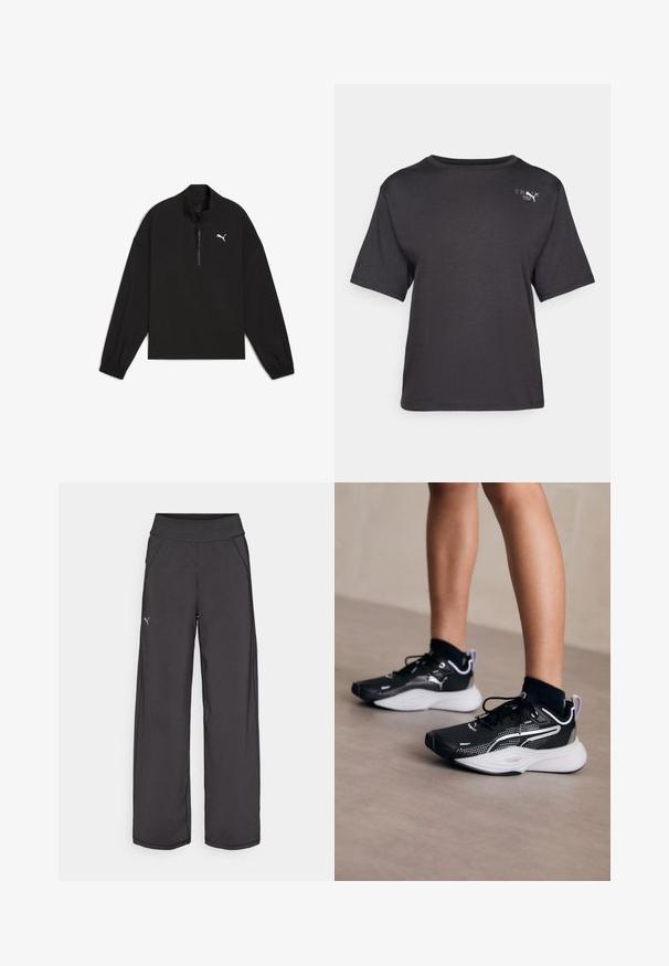 Černá mikina s krátkým zipem vyrobená z lehkého materiálu, s dlouhými rukávy, elastickými manžetami a bílým logem Puma na hrudi.; Černé tričko s krátkým rukávem vyrobené z jemné látky, s kulatým výstřihem a malým logem na levém horním boku.; Černé sportovní kalhoty s širokým pasem, bočními kapsami a plochými švy. Obsahují malé logo na levé nohavici. Vyrobeno z hladké, elastické tkaniny.; Černé sportovní boty s bílými akcenty, síťovaným svrškem, šněrováním a polstrovanou patou. Obsahují texturovanou podrážku pro lepší přilnavost.