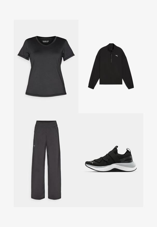 Svart kvartdragningspullover i lättviktsmaterial, med långa ärmar, elastiska muddar och en vit Puma-logga på bröstet.; Svart kortärmad t-skjorta med v-ringning, tillverkad av ett glatt och lätt material. Har sömmar med stickningar och en logotyp på ärmen. Enkel design.; Svarta träningsbyxor med en bred midja, sidofickor och plana sömmar. Har en liten logotyp på vänster ben. Tillverkade av mjukt, elastiskt tyg.; Svart sportskor med en texturerad ovandel, elastiska remmar och en tjock vit mellansula. Har en grå accent längs sulan.