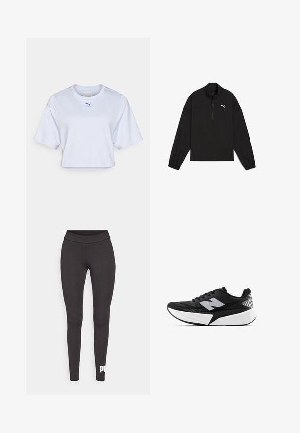 Fekete negyed-zippes pulóver, könnyű anyagból, hosszú ujjal, rugalmas mandzsettákkal és fehér Puma logóval a mellrészen.; Fehér, rövid ujjú, cropped póló, kerek nyakkivágással és egy kis kék Puma logóval a mellkason. Sima szövet textúra.; Fekete leggings rugalmas anyagból, magas derékkal és fehér logóval, amely a bal alsó lábszáron található. Sima textúrájú.; Fekete-fehér New Balance futócipő vastag talppal, hálós felsőrésszel és "N" logóval az oldalon, külső nézetből.