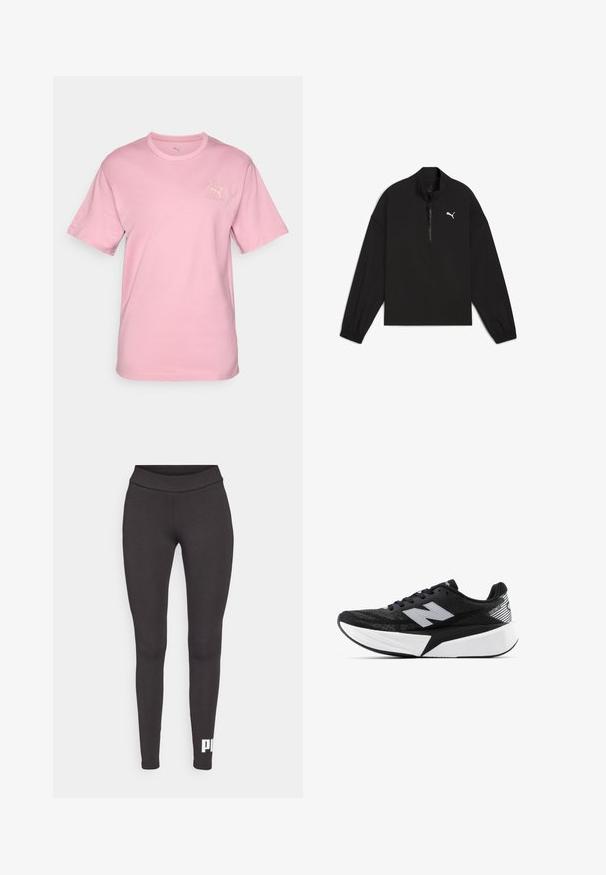 Czarny polar z zamkiem ćwierć, wykonany z lekkiego materiału, z długimi rękawami, elastycznymi mankietami i białym logo Pumy na piersi.; Jasnoróżowa bawełniana koszulka z krótkim rękawem i okrągłym dekoltem. Posiada subtelne logo Puma oraz tekst "Puma Athletics" w kolorze kremowym.; Czarne legginsy z elastycznego materiału, z wysokim stanem i białym logo nadrukowanym na dolnej części lewej nogawki. Gładka tekstura.; Czarno-biała biegowa sneaker New Balance z grubą podeszwą, siateczkowym wierzchem i logo "N" z boku, widok od strony zewnętrznej.