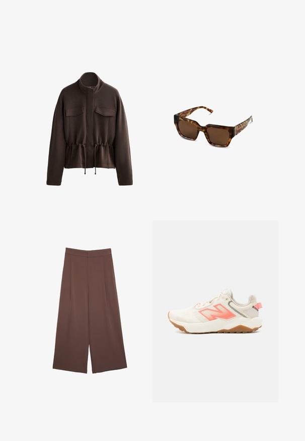 Giacca corta marrone realizzata in morbido tessuto, caratterizzata da un colletto alto, due tasche anteriori, vita con coulisse e una texture liscia.; T-shirt marrone a maniche corte realizzato in tessuto morbido, con scollo rotondo e vestibilità comoda. Texture liscia senza motivi o dettagli.; Pantaloni ampi marroni con una texture liscia, caratterizzati da una vita alta e pieghe frontali. Il tessuto è leggero e scorre liberamente.; Scarpa sportiva beige con tomaia testurizzata, dettagli rosa e suola in gomma chiara. Presenta un logo 'N' prominente e un design leggero e imbottito.; Occhiali da sole tartarugati con montatura rettangolare spessa, lenti marroni e aste sottili con un delicato dettaglio del marchio.; Borsa a spalla marrone imbottita con una forma curvata, dotata di chiusura con cerniera e tracolla regolabile per diverse opzioni di trasporto.