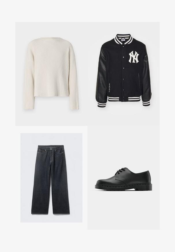 New Era MLB NEW YORK YANKEES VARSITY - Squadra - black/white; Maglione a costine color crema con maniche lunghe, scollatura rotonda e vestibilità slacciata. Presenta dettagli con orlo sfilacciato e tessuto strutturato.; Jeans a gamba larga in denim scuro con vita alta, caratterizzati da rivetti in tonalità rame e cuciture a contrasto, texture liscia e senza motivi visibili.; Scarpa oxford in pelle nera con design con lacci, punta arrotondata, suola piatta in gomma e dettagli di cucitura discreti lungo la parte superiore.