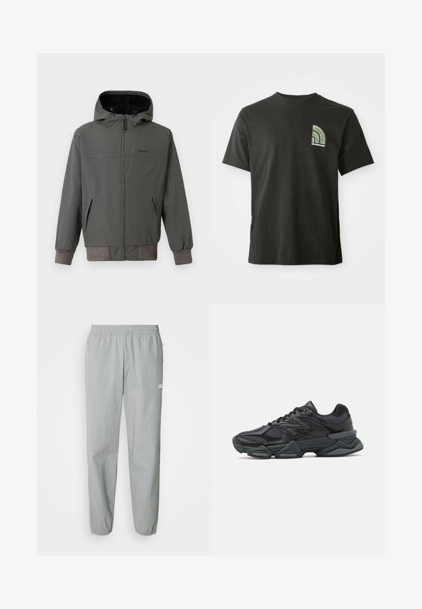 Siva jakna na patent sa kapuljačom, koja ima elastične manžete i donji rub, dva bočna džepa i glatku, vodootpornu površinu.; Crna majica kratkih rukava s okruglim izrezom, s malim zelenim i bijelim četvrtkružnim logotipom i tekstom "The North Face" na lijevoj strani grudi.; Svijetlosive sportske hlače s elastičnim pojasom, suženim nogavicama i suptilnom naboranom teksturom. Imaju mali logo sa strane.; Crne trkačke tenisice izrađene od kombinacije mrežastih i sintetičkih materijala, s debelim potplatom, zakrivljenim dizajnom i istaknutim brendom sa strane.