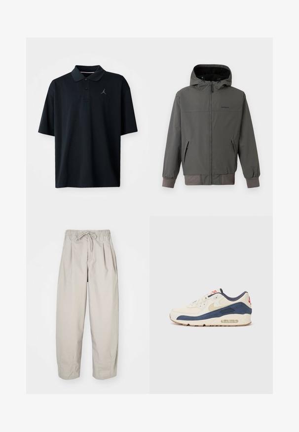 Grå hettejakke med glidelås, med elastiske mansjetter og nederkant, to sidelommer, og en glatt, vanntett overflate.; Svart polo skjorte laget av glatt stoff, med krage, korte ermer og en liten grå Jordan-logo brodert på venstre bryst.; Beige, lette bukser med elastisk midje og snor. Har folder og løs passform, laget av myk og glatt stoff.; Sko med overdel i kremfarget lær og marineblå semsket skinn, med synlig luftsåle, beige gummisåle og rød detalj på hælen.