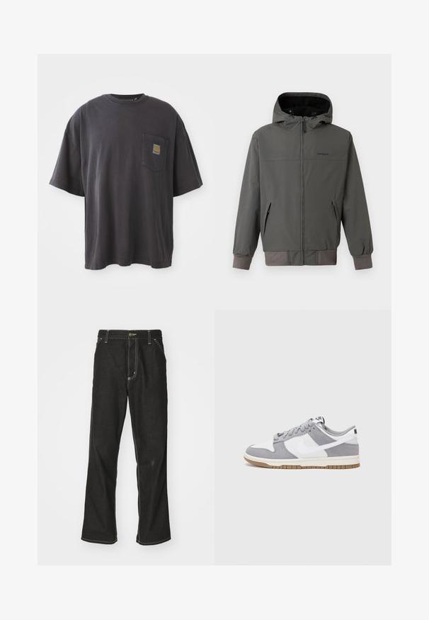 Casaco cinza com fecho éclair e capuz, apresentando punhos e bainha elásticos, dois bolsos laterais e um acabamento em tecido liso e impermeável.; T-shirt de algodão preto com mangas curtas, decote redondo e bolso no peito esquerdo com um emblema quadrado. Design simples e sem adornos.; Calças de ganga pretas de corte largo, com costuras brancas em contraste, fecho de botão e design de perna reta.; Ténis Nike apresentam uma parte superior em camurça cinzenta e couro branco com perfurações, atacadores redondos e uma sola de borracha para maior tracção.