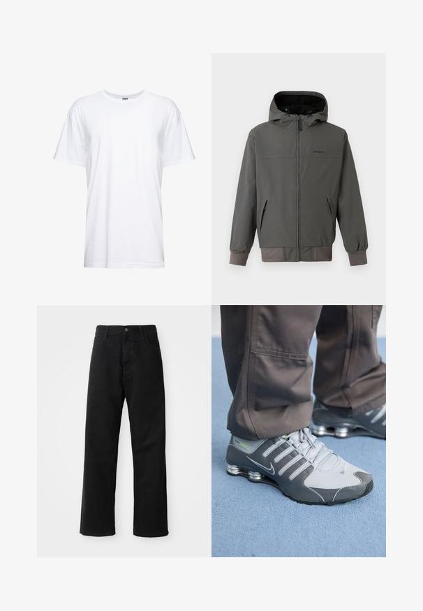 Giacca grigia con zip e cappuccio, dotata di polsini e orlo elasticizzati, due tasche laterali e una finitura in tessuto morbido e impermeabile.; T-shirt bianco in cotone con scollo rotondo e maniche corte. Il tessuto è morbido, ha una vestibilità comoda e non presenta grafiche o motivi visibili.; Pantaloni in denim nero con taglio dritto, caratterizzati da tasche frontali, chiusura con zip e un singolo bottone superiore. Tessuto testurizzato con finitura opaca.; Le scarpe Nike Shox in grigio e argento presentano un design elegante, con materiali in rete e sintetici, una punta arrotondata e un colletto imbottito.