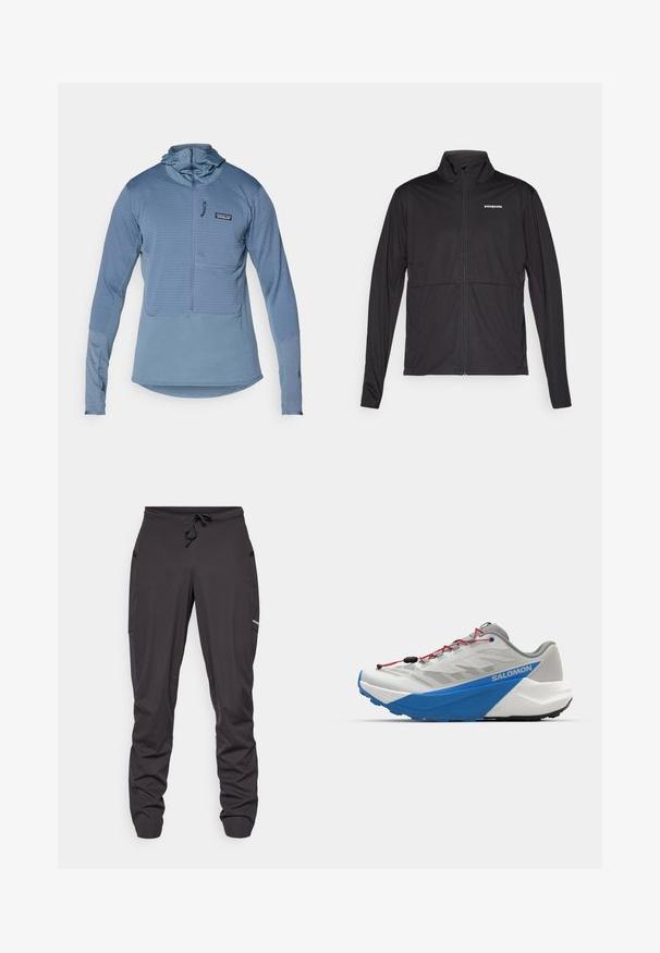 Must reisimust Mustelja koloda jakke, millel on pikad varrukad ja kõrge kaelus, sirutatult valgel taustal.; Helehelesinine pikas varrukas pullover, millel on poolsahtel, teksteeritud esipaneel ja sobiv kapuuts. Omab eesmist taskut, millel on tõmblukk.; Mustad nööriga sportlikud püksid mustas värvuses, küljetaskudega, kergelt kortsus kangas ning väike nähtav logo paremal reiel.; Hall ja sinine jooksujalats tekstuurse pealsega, punaste paelte ja jämeda valge tallaga, mille külgedel on silmapaistev "Salomon" logo.