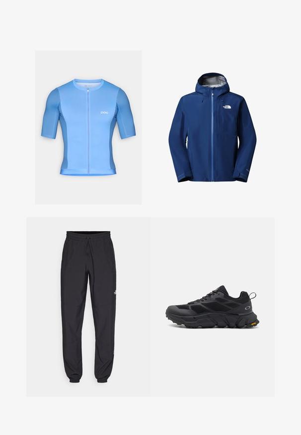 Chaqueta azul impermeable con capucha para hombre, con cremallera frontal, puños ajustables y el logo de The North Face en el pecho.; Jersey de ciclismo azul claro con mangas cortas, cierre de cremallera en la parte delantera y un diseño ajustado. Presenta una tela suave y un logotipo de la marca discreto en el pecho.; Pantalones deportivos negros hechos de un tejido ligero, con una cinturilla ajustable, bolsillos laterales y puños ajustados en los tobillos.; Zapatos deportivos negros con una suela gruesa, parte superior de malla y sintético, acentos texturizados y marca Vibram en la suela exterior.