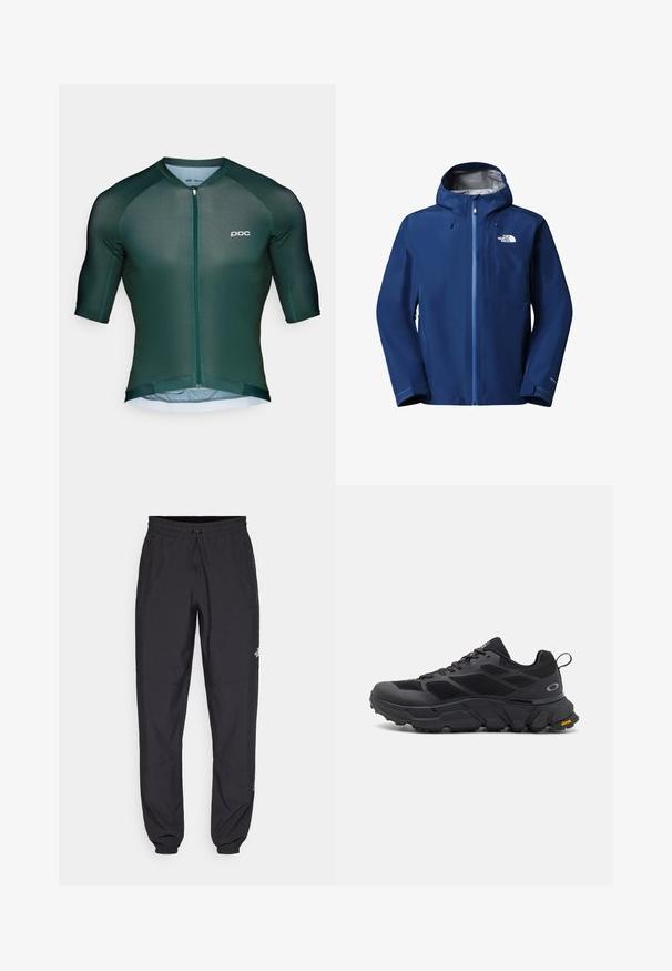 Chaqueta azul impermeable con capucha para hombre, con cremallera frontal, puños ajustables y el logo de The North Face en el pecho.; Jersey de ciclismo verde oscuro con mangas cortas, cremallera frontal y un sutil detalle de logo. Elaborado con material ligero y transpirable.; Pantalones deportivos negros hechos de un tejido ligero, con una cinturilla ajustable, bolsillos laterales y puños ajustados en los tobillos.; Zapatos deportivos negros con una suela gruesa, parte superior de malla y sintético, acentos texturizados y marca Vibram en la suela exterior.