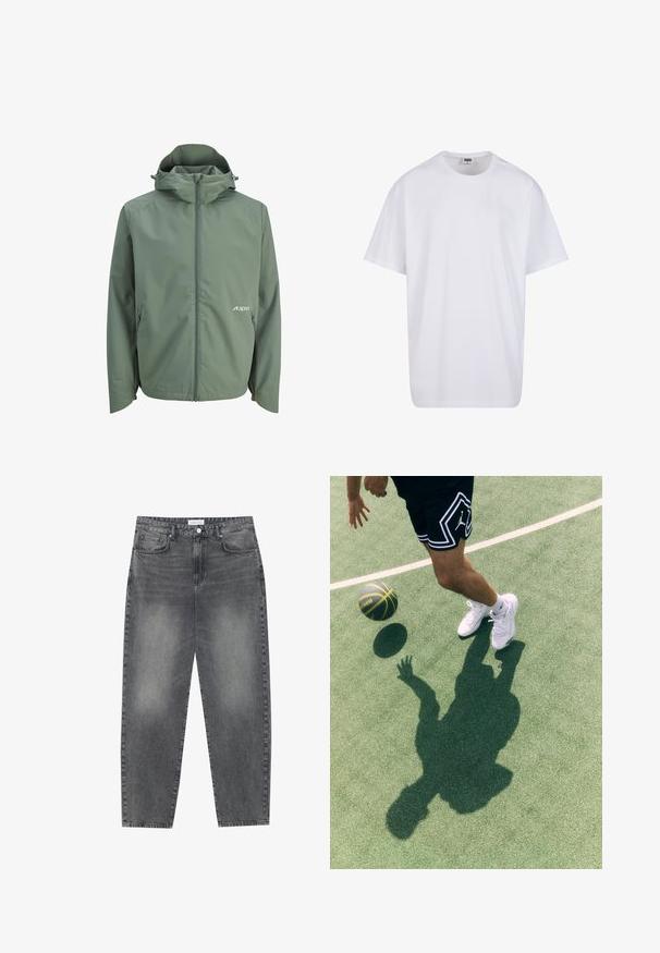 Roheline kerge jakk, millel on lukuga sulgemine, reguleeritav kapuuts, küljetaskud ja diskreetne logo vasakul rinnal. Sujuv ja vastupidav kangas.; Valge puuvillane t-särk lühikeste varrukatega, ümmarguse kaelusega, lõdva lõikega ja ilma nähtavate logodeta või mustriteta. Sile tekstuur ja minimaalne disain.; Kõrgema vöökohtadega, lõdva lõikega teksad, mis on valmistatud tuhmist mustast denimist. Selles on viis taskut, traksid ja puhas, sirge säärelõige.; Mustad mustad lühikesed püksid valge äärise ja logoga, valged sport kingad ja korvpall hüppe peal rohelisel väljakul, kus on nähtav vari.
